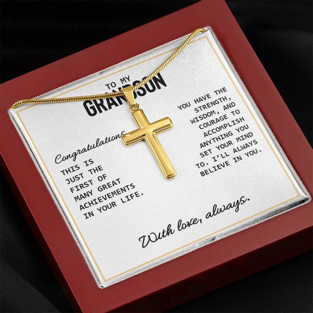To My Grandson - High School Or College Graduation Or Special Achievement Gift, Men's Cross Necklace With Heartfelt Message Card
