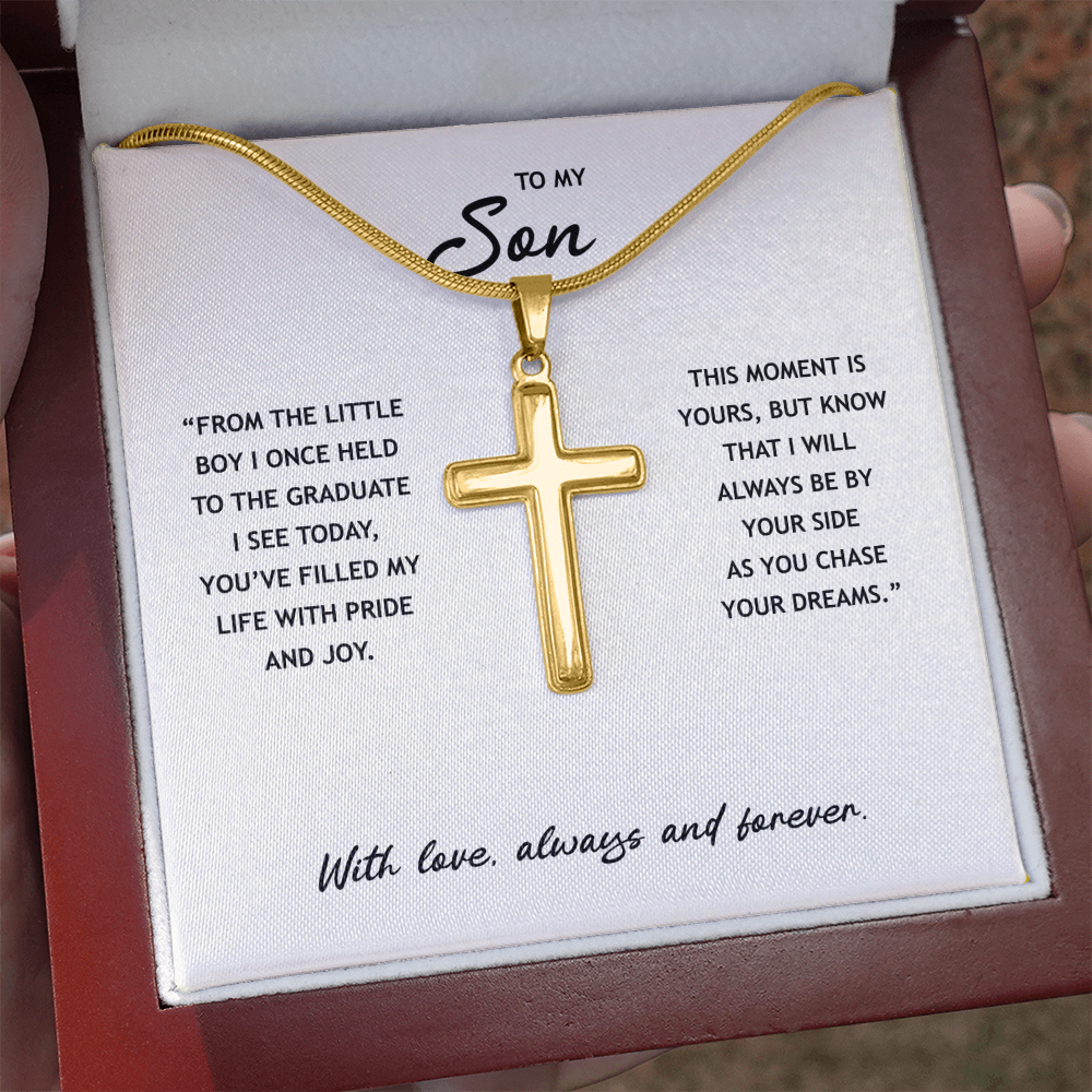To My Son - Graduation Gold Cross Necklace With Heartfelt Message Card