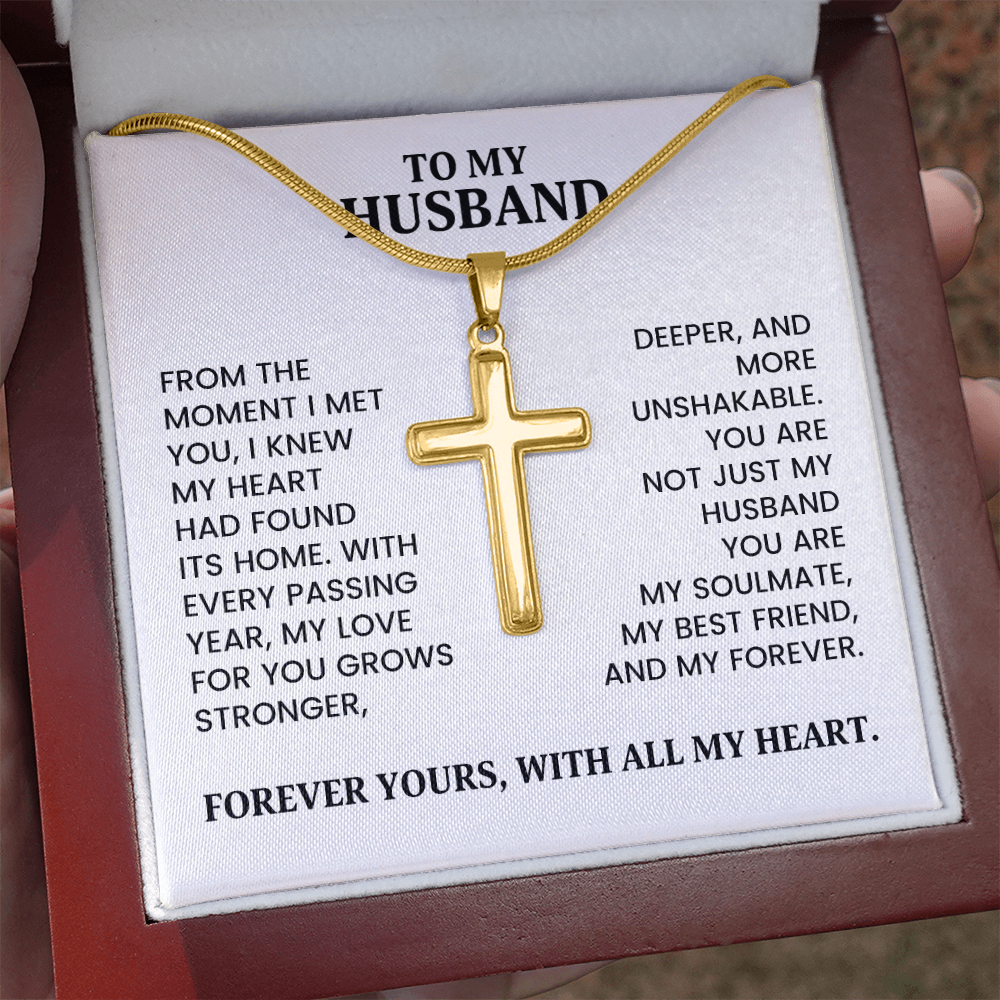 To My Husband - Christmas, Anniversary, Birthday Gift, Artisan Cross Gold Necklace With Heartfelt Message Card