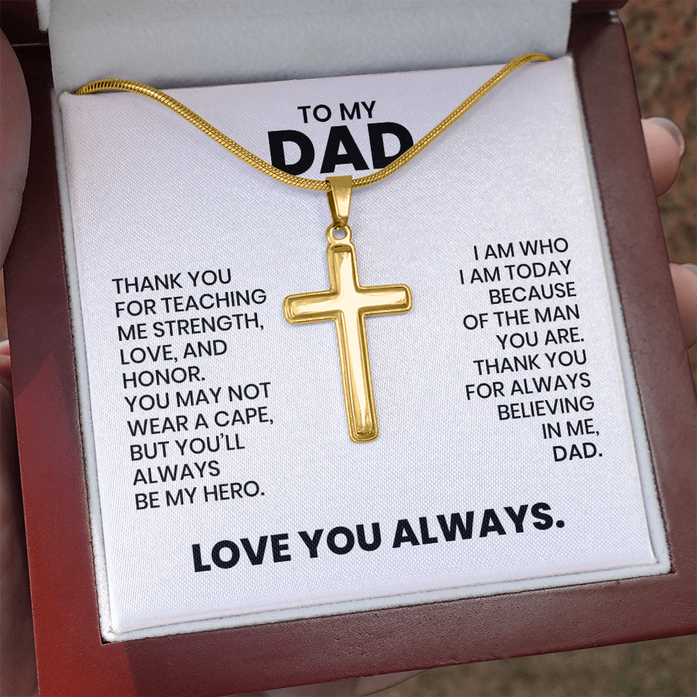 Dad Gift For Christmas, Birthday, Father's Day - Artisan Cross Gold Or Stainless Steel Necklace With Heartfelt Message Card