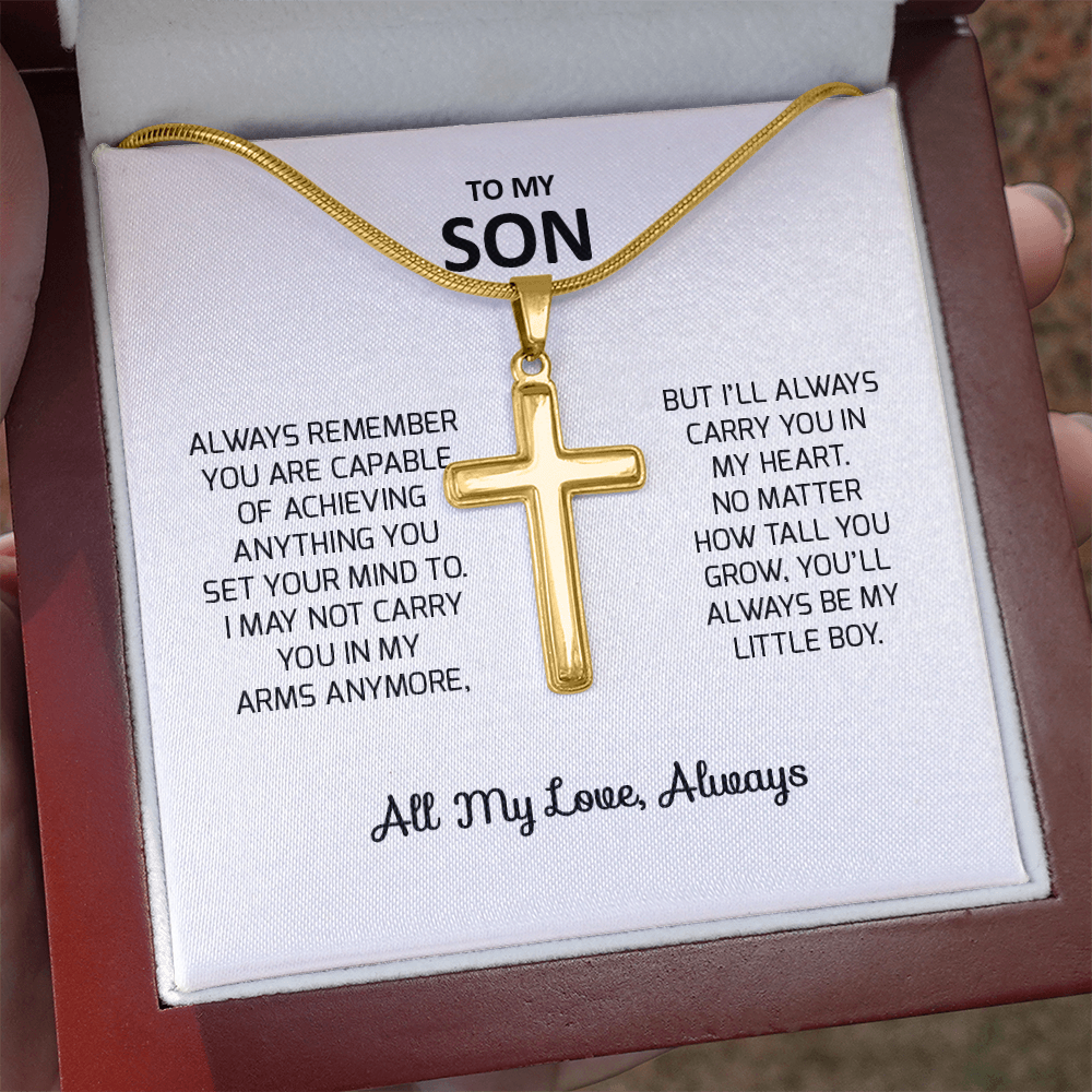 To My Son Gift For Christmas, Birthday, Graduation - Artisan Cross Necklace In Gold Or Stainless Steel With Heartfelt Message Card