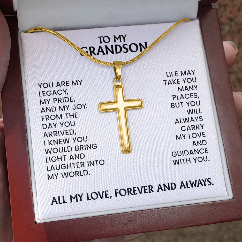 Grandson Gift For Christmas, Birthday, Graduation - Artisan Cross In Gold Or Stainless Steel With Heartfelt Message Card