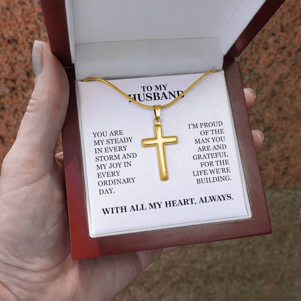 To My Husband - Christmas, Anniversary, Birthday, Special Occasion Gold Cross Necklace With Heartfelt Message Card