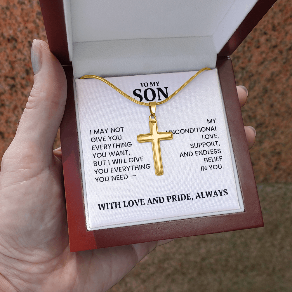 To My Son Christmas, Birthday Gift - Artisan Cross Gold Necklace With Heartfelt Message Card