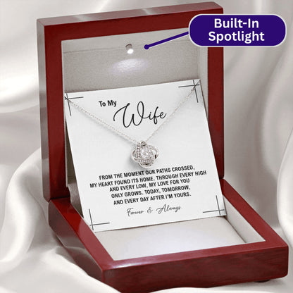 To My Wife - Anniversary, Birthday, Christmas Gold Love Knot Necklace  With Heartfelt Message Card