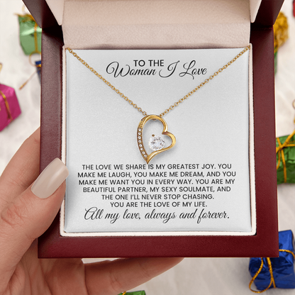 Woman I Love Christmas, Anniversary, Birthday For Wife, Girlfriend, Soulmate - Forever Love Gold Pendant Necklace  With Heartfelt Message Card