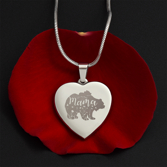 Mama Bear Engraved Gold Heart Necklace With Personalized Message