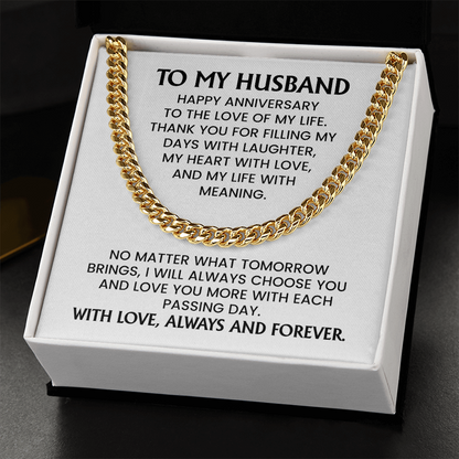 To My Husband Anniversary Gift - Gold Cuban Chain Necklace  With Heartfelt Message Card