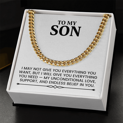 To My Son Christmas, Birthday Gift - Cuban Chain Gold Necklace  With Heartfelt Message Card