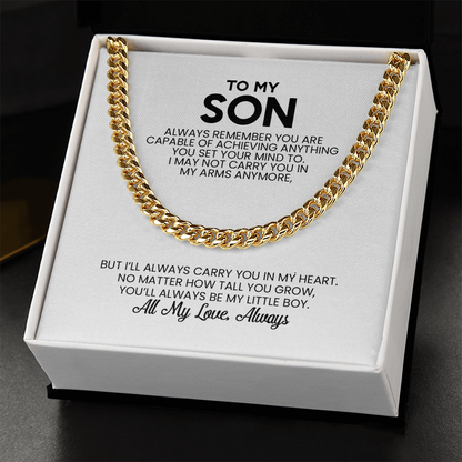 To My Son Gift For Christmas, Birthday, Graduation - Cuban Link Chain In Gold Or Stainless Steel  With Heartfelt Message Card