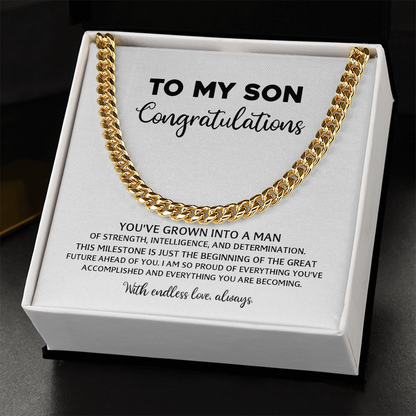To My Son - High School or College Graduation Gift From Mom or Dad, Men's Cuban Chain Necklace  With Heartfelt Message Card