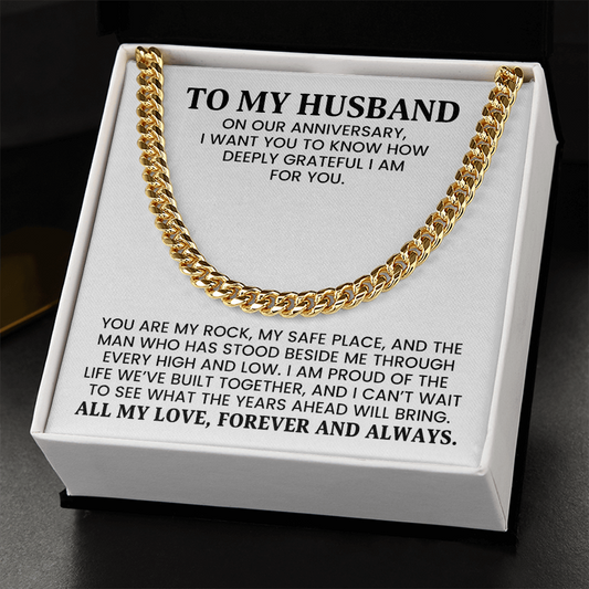 To My Husband Anniversary Gift - Cuban Chain Gold Necklace  With Heartfelt Message Card