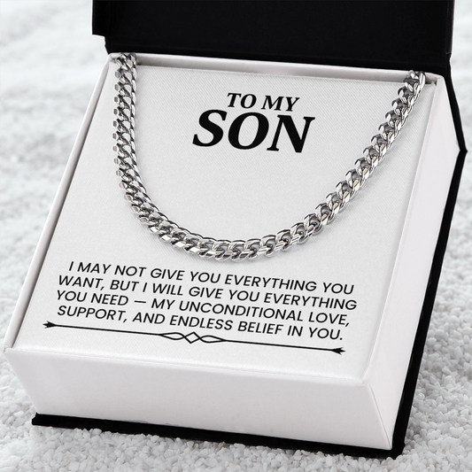 To My Son Christmas, Birthday Gift - Cuban Chain Gold Necklace  With Heartfelt Message Card