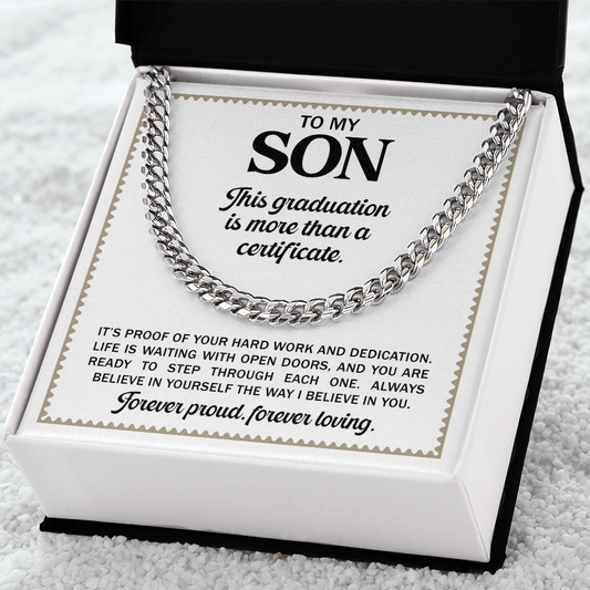 To My Son - High School Or College Graduation Gift From Mom Or Dad, Gold Cuban Chain Necklace  With Heartfelt Message Card