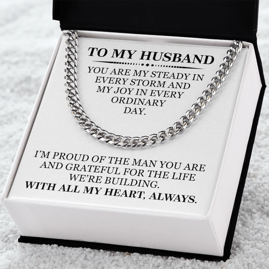 To My Husband Love Gift - Christmas, Anniversary, Birthday Men's Gold Cuban Chain  With Heartfelt Message Card