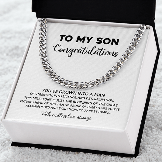 To My Son - High School or College Graduation Gift From Mom or Dad, Men's Cuban Chain Necklace  With Heartfelt Message Card
