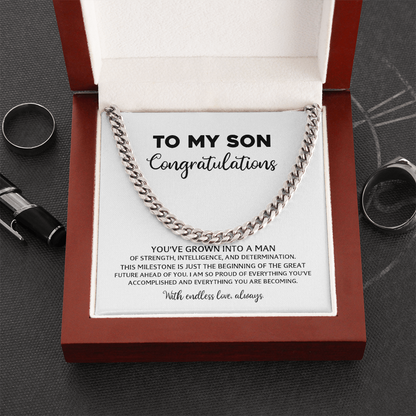 To My Son - Graduation, New Job, Special Occasion Gift Steel Or Gold Cuban Chain  With Heartfelt Message Card