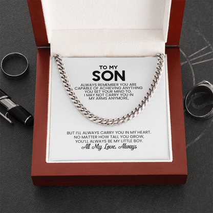 To My Son Gift For Christmas, Birthday, Graduation - Cuban Link Chain In Gold Or Stainless Steel  With Heartfelt Message Card