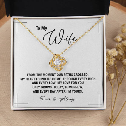 To My Wife - Anniversary, Birthday, Christmas Gold Love Knot Necklace  With Heartfelt Message Card