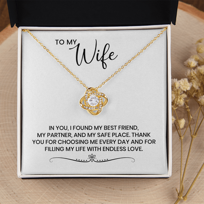 To My Wife - Christmas, Anniversary, Birthday Gift, Love Knot Gold Pendant Necklace  With Heartfelt Message Card