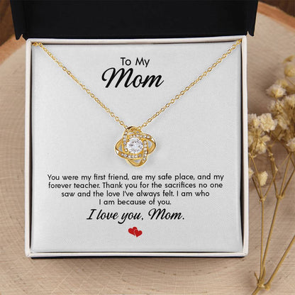 To My Mom - Birthday, Christmas, Special Occasion Gold Love Knot Pendant Necklace  With Heartfelt Message Card
