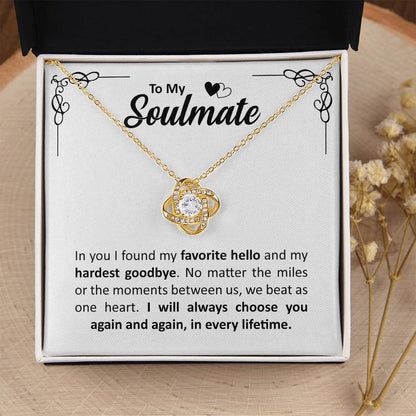 To My Soulmate - Anniversary, Birthday, Christmas Gold Love Knot Necklace  With Heartfelt Message Card