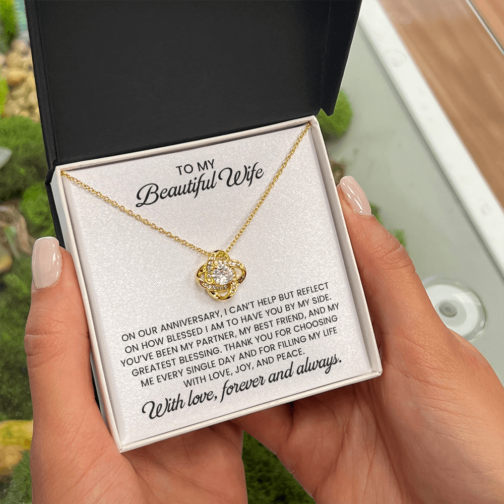 Beautiful Wife Anniversary Gift, Love Knot Gold Pendant Necklace  With Heartfelt Message Card