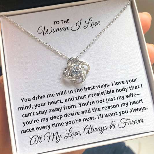 To The Woman I Love - Christmas, Anniversary, Birthday Gift, Love Knot Gold Pendant Necklace  With Heartfelt Message Card