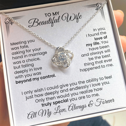 Beautiful Wife Gift For Anniversary - Love Knot Gold Pendant Necklace  With Heartfelt Message Card