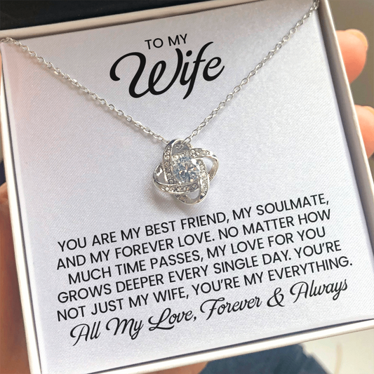 Wife Gift For Christmas, Anniversary, Birthday - Love Knot Gold Pendant Necklace With Heartfelt Message Card