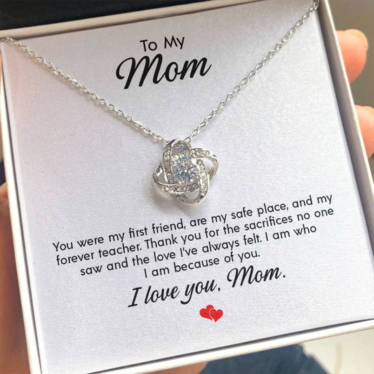 To My Mom - Birthday, Christmas, Special Occasion Gold Love Knot Pendant Necklace  With Heartfelt Message Card