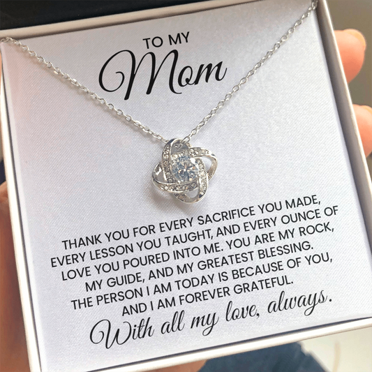 To My Mom Gift For Christmas, Birthday, Mother's Day - Love Knot Gold Pendant Necklace  With Heartfelt Message Card