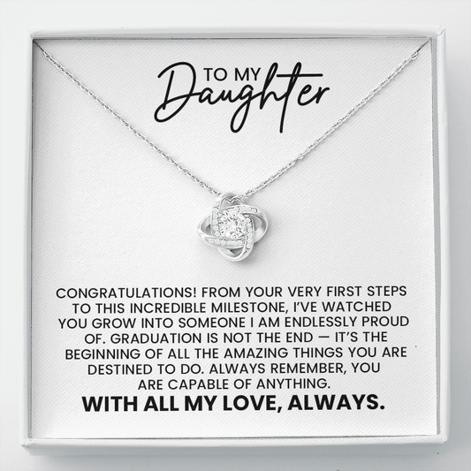 Daughter High School College Graduation, New Job, Special Achievement Gift - Love Knot Gold Pendant Necklace  With Heartfelt Message Card
