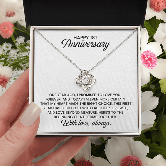 1st Anniversary Gift For Wife - Love Knot Gold Pendant Necklace  With Heartfelt Message Card