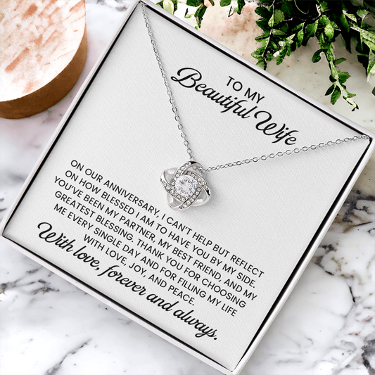 Beautiful Wife Anniversary Gift, Love Knot Gold Pendant Necklace  With Heartfelt Message Card