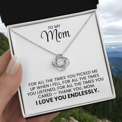 To My Mom - Christmas, Birthday, Mother's Day Gold Pendant Love Knot Necklace Gift  With Heartfelt Message Card