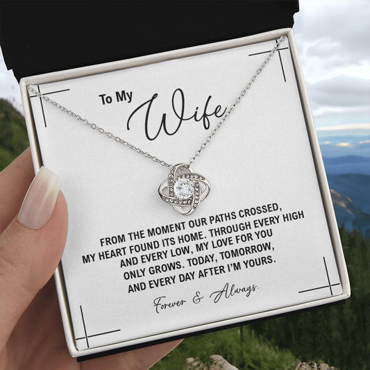 To My Wife - Anniversary, Birthday, Christmas Gold Love Knot Necklace  With Heartfelt Message Card