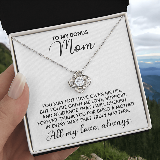 Bonus Mom Gift For Christmas, Birthday, Special Occasion - Love Knot Gold Pendant Necklace  With Heartfelt Message Card