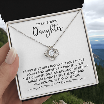 Bonus Daughter - Christmas, Birthday, Special Occasion Love Knot Gold Pendant Necklace  With Heartfelt Message Card