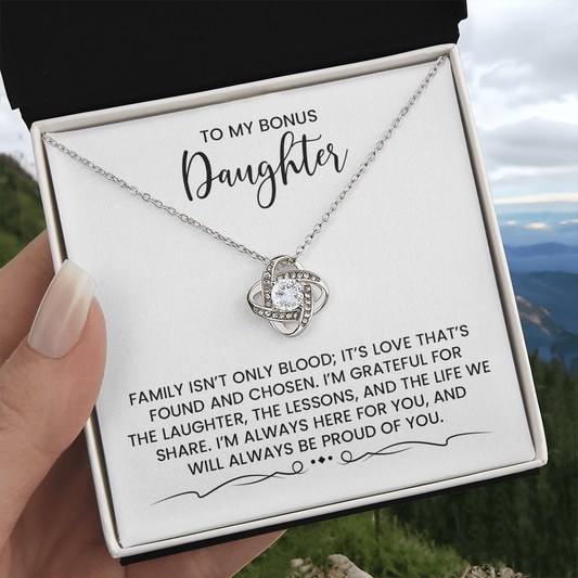 Bonus Daughter - Christmas, Birthday, Special Occasion Love Knot Gold Pendant Necklace  With Heartfelt Message Card