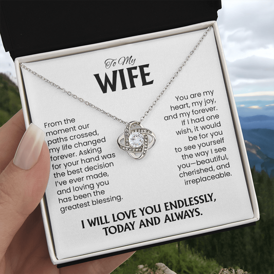 To My Wife Christmas, Anniversary, Birthday Gift - Love Knot Gold Pendant Necklace  With Heartfelt Message Card