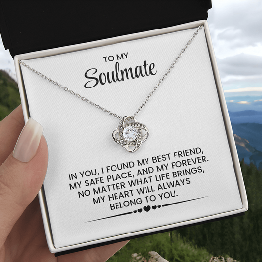 To My Soulmate - Christmas, Anniversary, Birthday Gift - Gold Pendant Love Knot Necklace  With Heartfelt Message Card