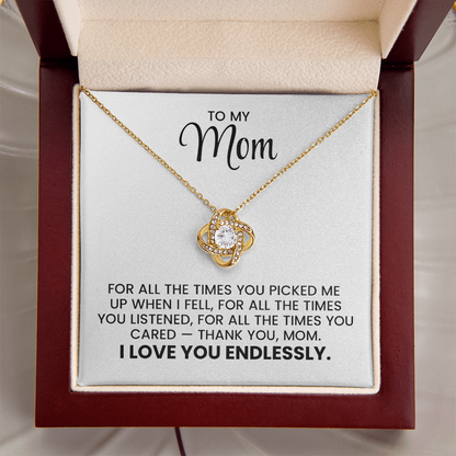 To My Mom - Christmas, Birthday, Mother's Day Gold Pendant Love Knot Necklace Gift  With Heartfelt Message Card