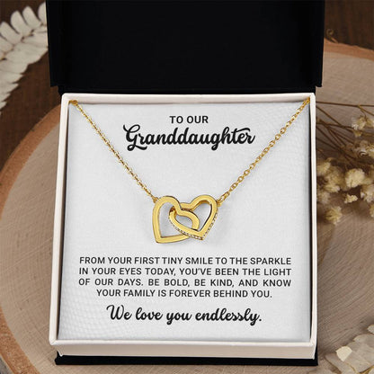 To Our Granddaughter - Birthday, Graduation, Christmas Gift Gold Interlocking Hearts Necklace  With Heartfelt Message Card