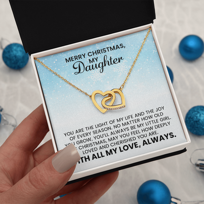 Merry Christmas Daughter Gift - Linked Hearts Gold Pendant Necklace  With Heartfelt Message Card