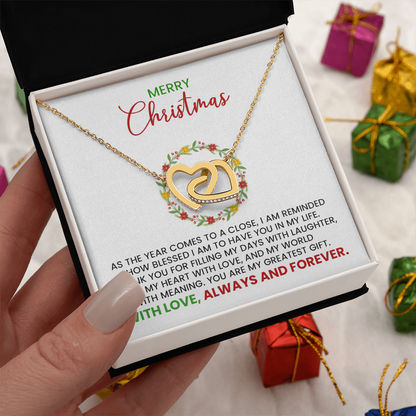 Merry Christmas Wife, Girlfriend, Soulmate Linked Hearts Gold Pendant Necklace  With Heartfelt Message Card
