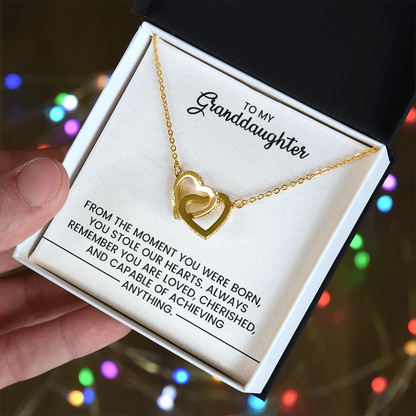 To My Granddaughter, Christmas, Birthday, Graduation, Special Occasion Gift -  Linked Hearts Gold Pendant Necklace  With Heartfelt Message Card