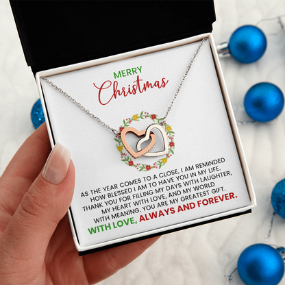 Merry Christmas Wife, Girlfriend, Soulmate Linked Hearts Gold Pendant Necklace  With Heartfelt Message Card