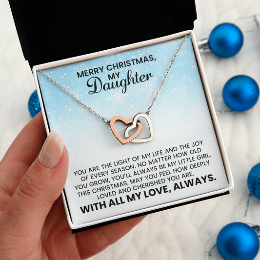 Merry Christmas Daughter Gift - Linked Hearts Gold Pendant Necklace  With Heartfelt Message Card