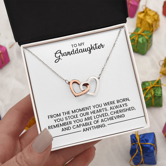 To My Granddaughter, Christmas, Birthday, Graduation, Special Occasion Gift -  Linked Hearts Gold Pendant Necklace  With Heartfelt Message Card